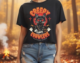 Gato negro retro de Halloween, fantasmas, calabaza PNG descarga digital para ropa de temporada espeluznante