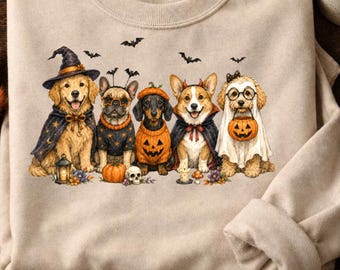 Perros de Halloween PNG, Diseño de sublimación para perros con disfraces de temporada espeluznante, Descarga digital de Golden Retriever, Corgi, Dachshund y Bulldog Francés