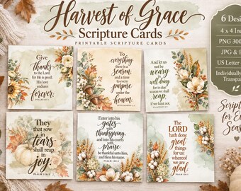 Tarjetas con versículos bíblicos de la Cosecha de Gracia, imprimibles con versículos bíblicos de otoño, tarjetas cristianas de Acción de Gracias, descarga digital PNG de 4x4 con diseño floral otoñal