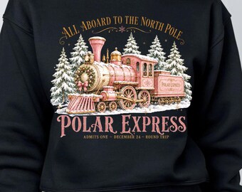 Expreso Polar rosa PNG, diseño de tren navideño vintage para sublimación, ¡Todos a bordo al Polo Norte!, diseño para camiseta navideña, descarga digital.