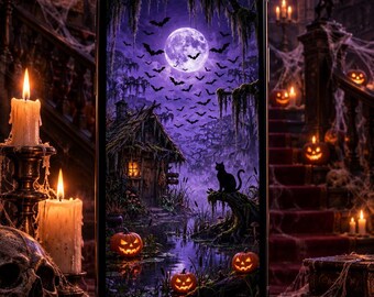 ハロウィンのスマホ壁紙、紫色の不気味な沼のスクリーンセーバー、黒猫とコウモリ、魔女の小屋、iPhone Android ロック画面 PNG