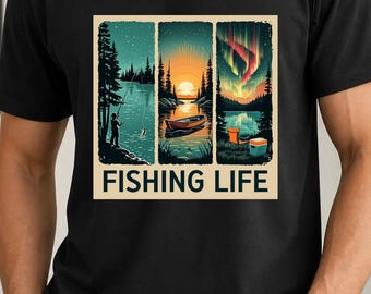 PNG de vida de pesca, diseño retro de sublimación de pesca, gráfico de camiseta de auroras boreales en lago, descarga digital de barco de pesca al atardecer