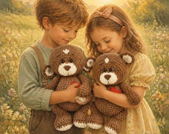 Patrón de oso de peluche a crochet PNG, pareja de osos amigurumi con parche de corazón, patrón de oso de peluche a crochet, regalo de San Valentín, descarga digital