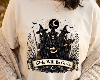 Chicas serán chicas Bruja PNG, Diseño de sublimación de tres brujas, Camiseta de Halloween de bruja PNG, Descarga digital gótica de gato negro