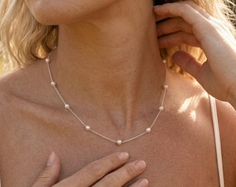 14k Tiny Pearl Necklace, Dainty Freshwater Pearl Necklace, Gold Pearl Necklace, Bridesmaid Gifts