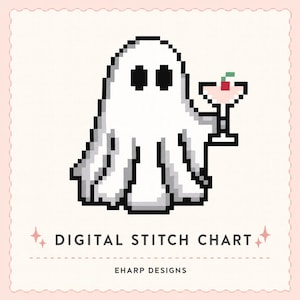 Puede incluir: Una ilustración en pixel art de un fantasma blanco con ojos negros sosteniendo una copa de cóctel rosa con una cereza roja. El texto dice DIGITAL STITCH CHART y EHARP DESIGNS. El diseño está sobre un fondo rosa claro con borde festoneado.