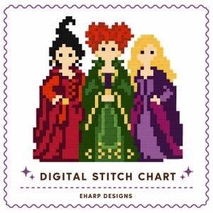 Può includere: Uno schema digitale a punto croce in pixel art con tre figure dai capelli neri, rossi e biondi. Indossano abiti lunghi nei toni del rosso, verde e viola. Il testo recita DIGITAL STITCH CHART ed EHARP DESIGNS.