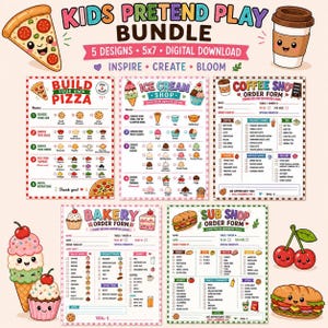 May include: A digital download bundle featuring five kids' pretend play order forms for pizza, ice cream, coffee, bakery, and sub shops. Each form includes colourful illustrations, checkboxes, and text fields for names, dates, and menu selections.