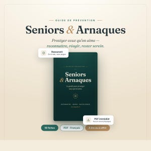 May include: A digital guide titled Seniors & Arnaques with a dark green cover, featuring white and gold text. The guide includes 16 informational sheets in French, presented as an immediate PDF download, focusing on protection, recognition, and reaction.