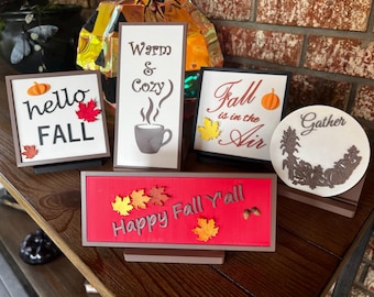 5-Piece Fall Sign Set, Dimensional Mantel Decor, Cozy Gather Collection