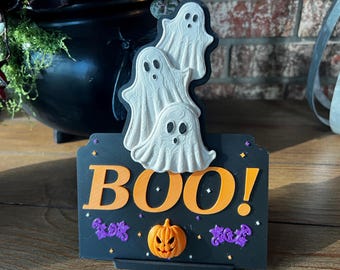 Hand-Finished Halloween Shelf Sitter Signs | Trick or Treat, Happy Halloween, BOO (Set of 3)