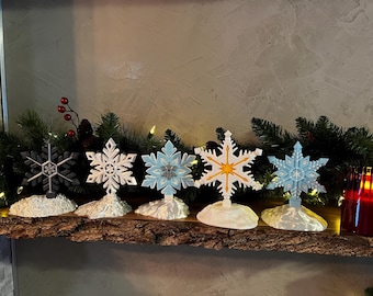 Snowflake Decor Set of 5, Freestanding Winter Mantel Decor, Snowflake Sculptures, Christmas Shelf & Tabletop Decor