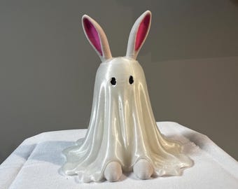 Ghost Bunny | Halloween Decor | Glow-in-the-Dark Tiered Tray Figurine, Hand-Painted