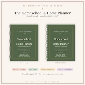 Può includere: Due agende a spirale intitolate The Homeschool & Home Planner, datate 2026-2027. Le copertine verde scuro presentano testo dorato, incluso Proverbi 16:3. La prima parte copre da agosto 2026 a gennaio 2027, la seconda da febbraio 2027 a luglio 2027.