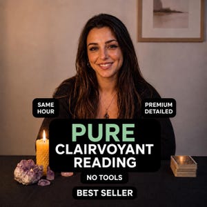 May include: A person with long dark hair sits behind a black table with a yellow candle, a cluster of purple amethyst crystals, and a deck of tarot cards. Text overlays read: SAME HOUR, PREMIUM DETAILED, PURE CLAIRVOYANT READING, NO TOOLS, BEST SELLER.