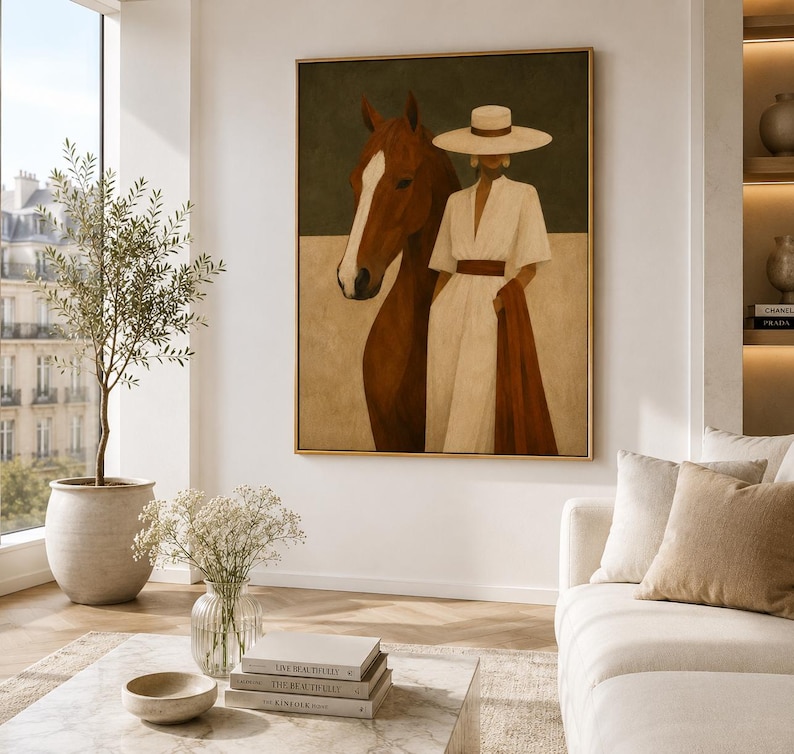 Framed Horse Wall Art, Equestrian Print, Woman and Horse, Neutral Quiet Luxury Home image 3