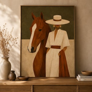 Framed Horse Wall Art, Equestrian Print, Woman and Horse, Neutral Quiet Luxury Home image 1