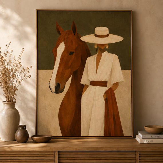 Framed Horse Wall Art, Equestrian Print, Woman and Horse, Neutral Quiet Luxury Home