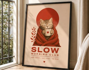 Cozy Cat Coffee Poster, Slow Morning Club Framed Art, Hygge Kitchen Decor