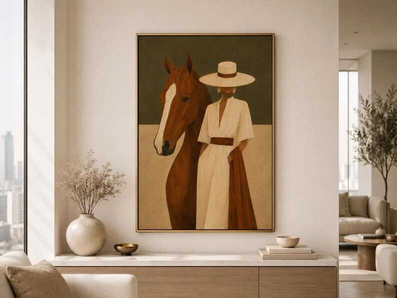 Framed Horse Wall Art, Equestrian Print, Woman and Horse, Neutral Quiet Luxury Home image 4