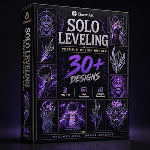May include: A black rectangular box featuring the text Solo Leveling Premium Design Bundle 30+ Designs. The cover displays various purple-toned illustrations of characters and weapons from the series, including Sung Jinwoo, with the text Shadows Rise. Power Awakens.