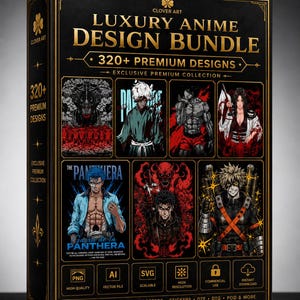 May include: A black rectangular box labelled Luxury Anime Design Bundle by Clover Art, featuring gold text and borders. It displays 320+ premium designs with six anime-style illustrations, including characters with blue hair, spiky hair, and swords. Icons for PNG, AI, and SVG file formats are visible at the bottom.