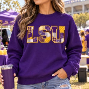 LSU Logo Faux Patchwork Shirt, Louisiana State Game Day Tee, Long Sleeve, Sweatshirt or Hoodie