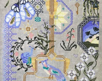 May include: Cross-stitch embroidery featuring a colorful bird within a gold frame, with the text "Pretty Bird." The design includes floral and geometric patterns in shades of blue, green, pink, and white on a gray background. A key and birdcage are also featured.