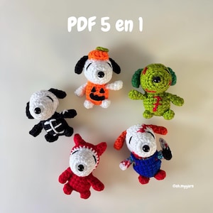PDF PATTERN: Snoopys in Halloween costumes, pattern pack in Spanish and English | Snoopy pumpkin, devil, skeleton, Chucky and zombie