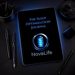 May include: A black rectangular journal titled The Sleep Optimization Journal with a glowing blue battery icon and the text NovaLife. The journal is surrounded by three black pens, a small container of pens, and black binder clips on a dark surface.