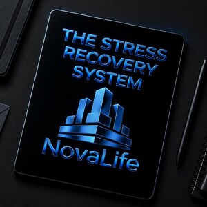 May include: A black tablet screen displaying the blue metallic text THE STRESS RECOVERY SYSTEM and NovaLife above a blue metallic graphic of stylized buildings. The tablet is surrounded by black office supplies including a notebook and pen.