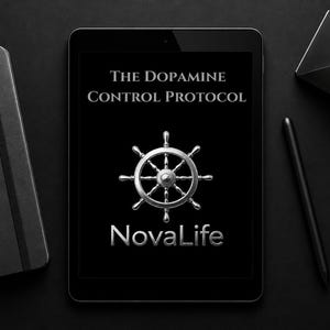 May include: A black tablet displaying the text The Dopamine Control Protocol above a silver ship steering wheel icon and the word NovaLife. The tablet is positioned next to a black notebook, a black stylus, and a silver pyramid-shaped object.
