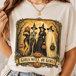 Spooky Girl Squad Halloween PNG SVG, Girls Will Be Girls, Vintage Witch Skeleton Ghost Pumpkin Head Shirt Design