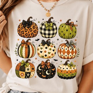 Preppy Halloween Ghost PNG, Colorful Patchwork, Checkered Leopard Bow Pumpkin Sublimation Shirt Design