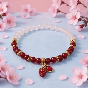 May include: A beaded bracelet featuring a strand of translucent pale pink beads and deep red beads. The bracelet includes gold-toned metal spacers and two charms: one shaped like a red strawberry and one oval-shaped red stone set in gold metal.