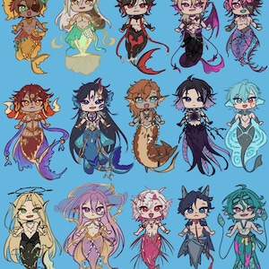Könnte beinhalten: Eine digitale Illustration mit fünfzehn Chibi-Meerjungfrauen-Charakteren, die in drei Reihen angeordnet sind. Jede Figur zeigt einzigartige Haarfarben, Flossendesigns und aufwendige Accessoires in einem lebendigen, farbenfrohen Anime-Stil.