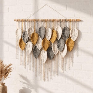 Macramé blad wanddecoratie, boho wanddecoratie, kunstwerk van puur katoenvezel, geweven wandtapijt