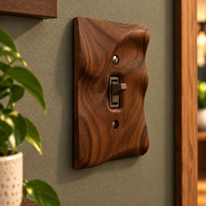 May include: A dark brown wooden light switch plate with a wavy, organic texture and a central toggle switch. The rectangular cover features a prominent wood grain pattern and is secured to the wall with two visible metal screws above and below.