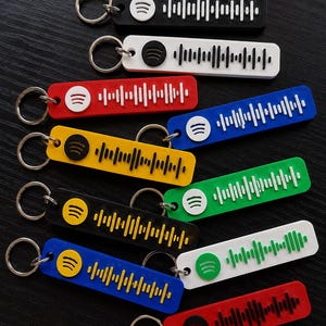 Op de afbeelding: Een verzameling rechthoekige sleutelhangers in diverse kleuren, waaronder zwart, wit, rood, geel, blauw en groen. Elke sleutelhanger is voorzien van een verhoogd Spotify-logo en een uniek geluidsgolfpatroon, bevestigd aan een metalen ring.