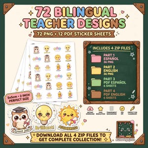 Puede incluir: Una colección digital de 72 diseños bilingües para docentes con 72 archivos PNG y 12 hojas de pegatinas en PDF. Incluye ilustraciones de búhos, bombillas y soles con texto. Un gráfico de pizarra detalla cuatro archivos zip incluidos.