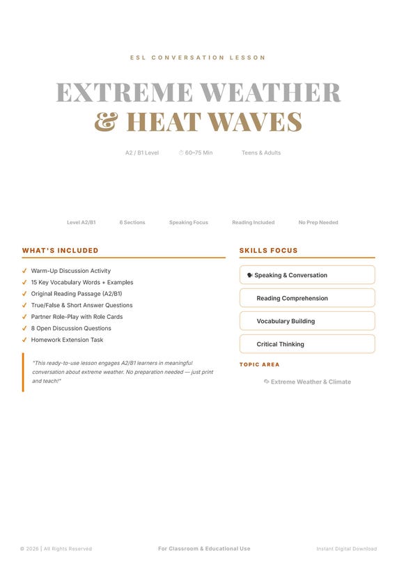 ESL Extreme Weather Lesson Plan | A2 B1 Speaking Reading Vocabulary (Instant Download)
