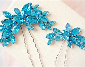 Blue Rhinestone Hair Pins,Blue Bridal Hair Pins,Blue Wedding Hair Pins,Blue Crystal Hair Pins,Blue Hair Pins,Blue Bridal Hair Piece