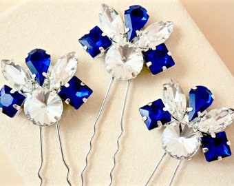 Blue Rhinestone Hair Pins,Blue Bridal Hair Pins,Blue Wedding Hair Pins,Blue Crystal Hair Pins,Blue Hair Pins,Blue Bridal Hair Piece