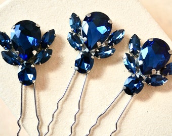 Rhinestone Hair Pin Set,Rhinestone Hair Piece,Bridal Hair Pins,Wedding Hair Pins,Crystal Hair Pins,Bridal Hair Piece,Navy Blue Hair Pins