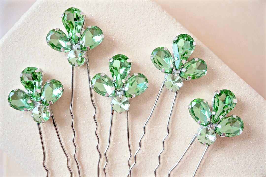 Green Rhinestone Hair Pins,green Bridal Hair Pins,green Crystal Hair