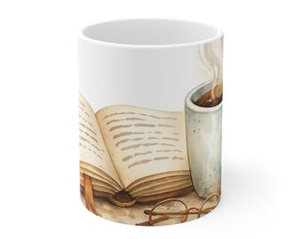 Tazza da lettura accogliente / Illustrazione ad acquerello di un libro e del caffè, regalo per bibliofili