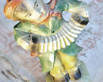 Vintage Accordion Boy Hummel like Figurine Carving - Syroco Wood 1950 s