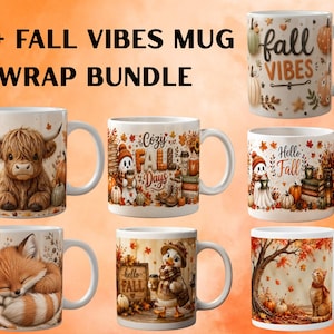 May include: A collection of seven white ceramic mugs featuring various autumn-themed designs including a highland cow, a sleeping fox, a duck in a scarf, and a cat under a tree, with text reading 10+ FALL VIBES MUG WRAP BUNDLE.