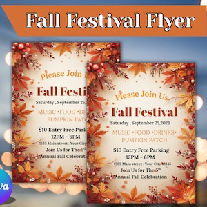 May include: A rectangular flyer for a Fall Festival featuring a cream-colored center with brown text and a border of orange, red, and yellow autumn leaves and berries. The text reads Please Join Us, Fall Festival, Saturday, September 25, 2026.