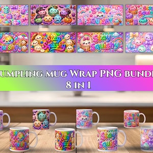 Pode incluir: Um pacote digital de oito designs para envolver canecas com bolinhos de massa estilo desenho animado com rostos, arco-íris e o texto Stay Squishy. A coleção inclui oito canecas de cerâmica exibindo esses padrões gráficos vibrantes e coloridos.